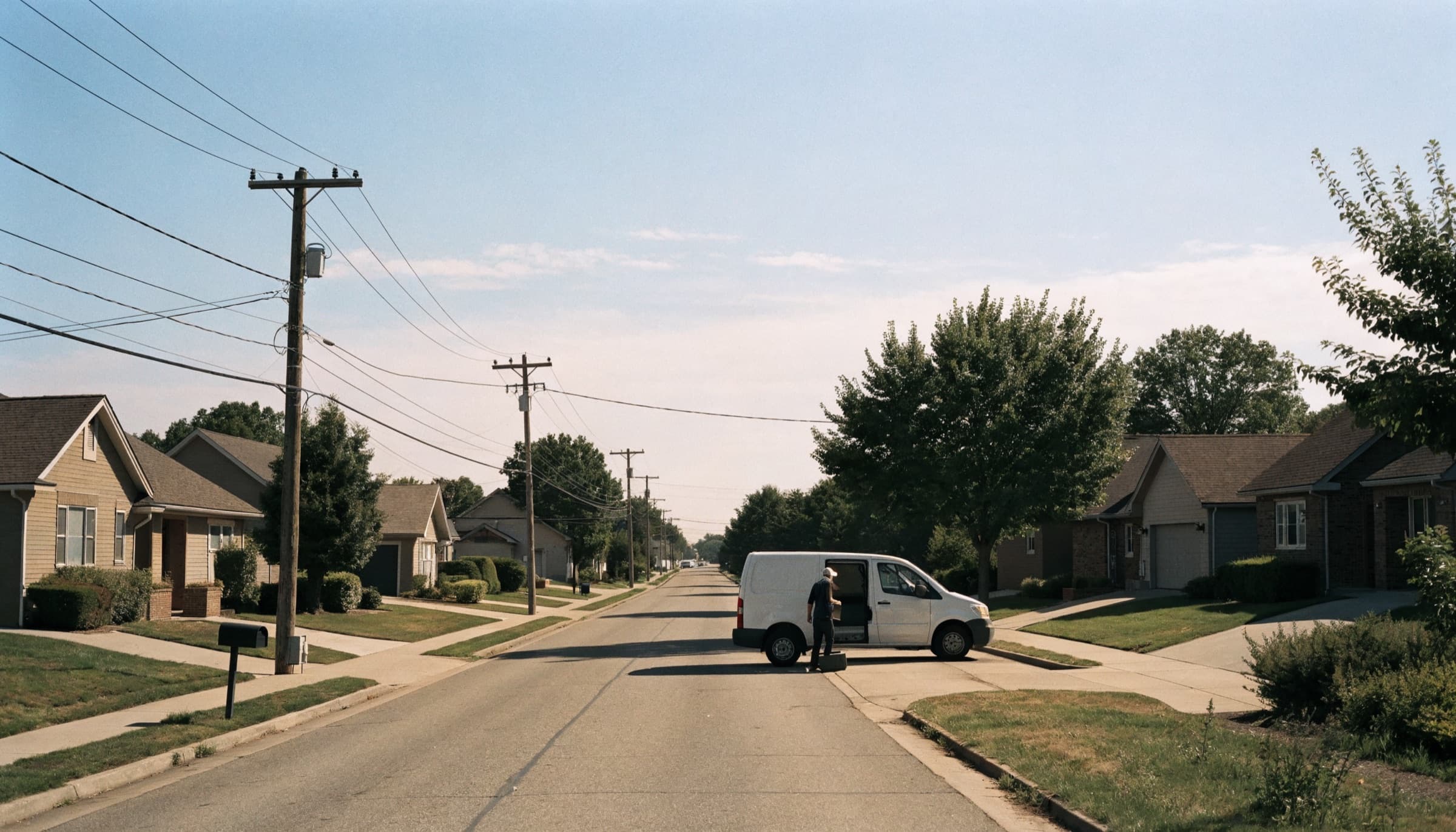A work van parked at the curb of a quiet suburban street while a tradesperson lifts a toolbox out.