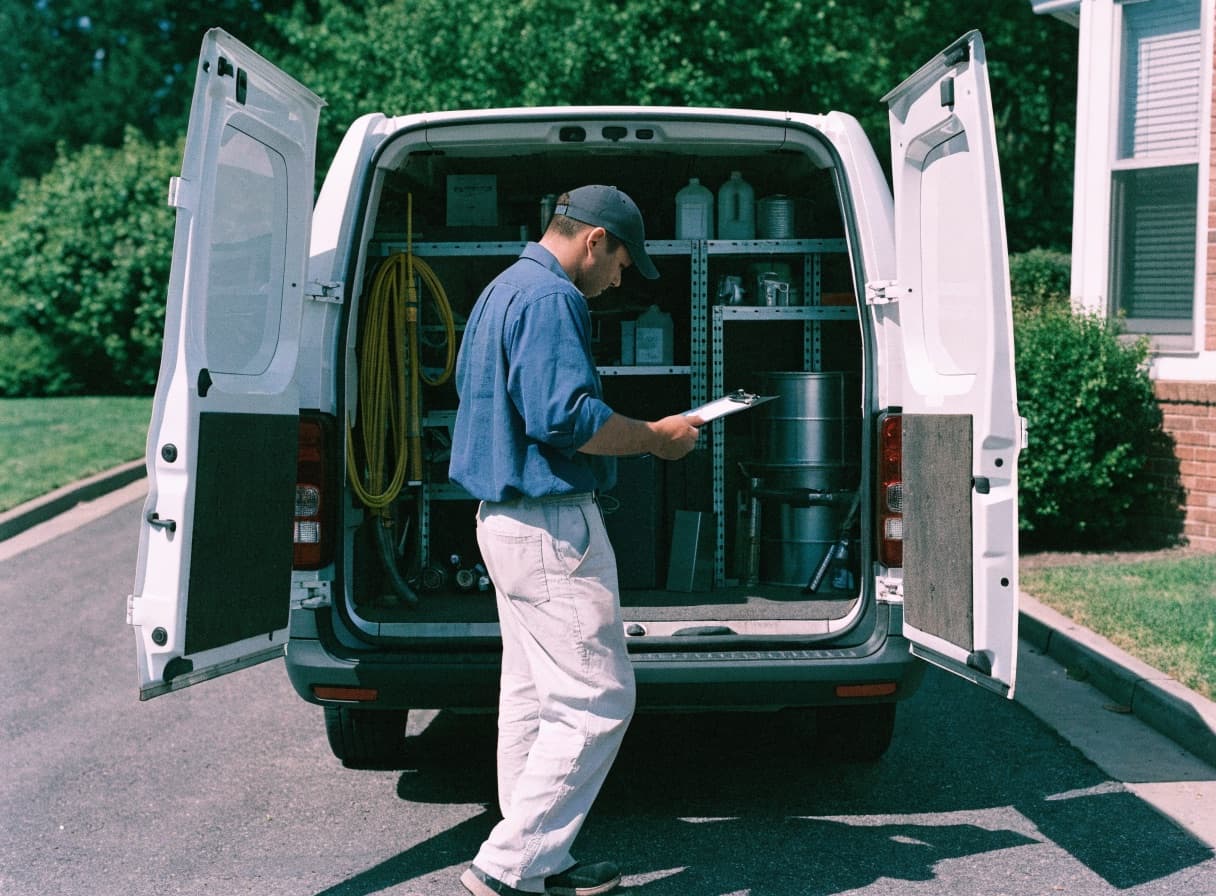An HVAC technician with a clipboard at the open rear doors of a work van in a suburban driveway.