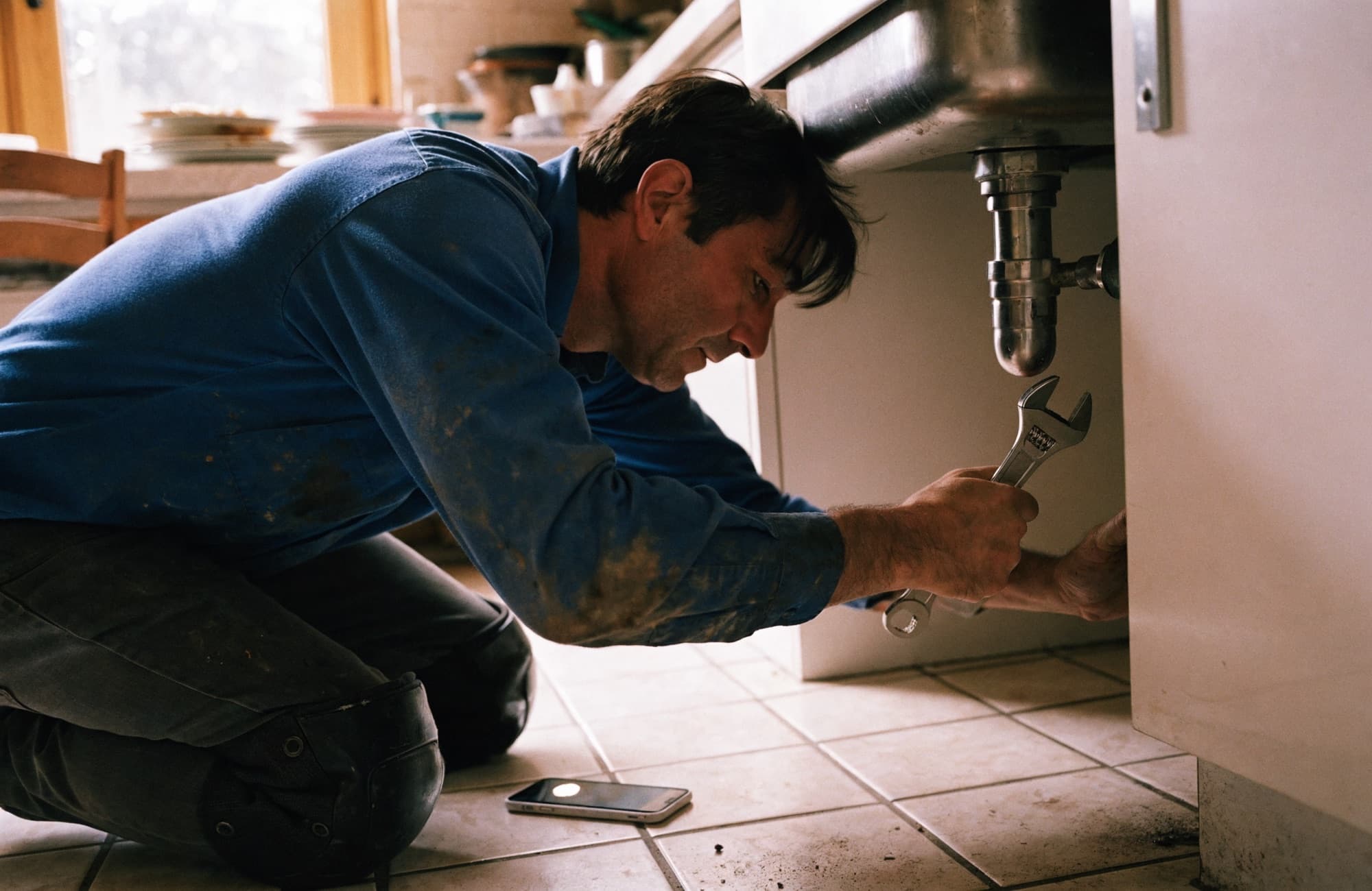 A plumber crouched under a kitchen sink with a phone lit up on the floor beside him.