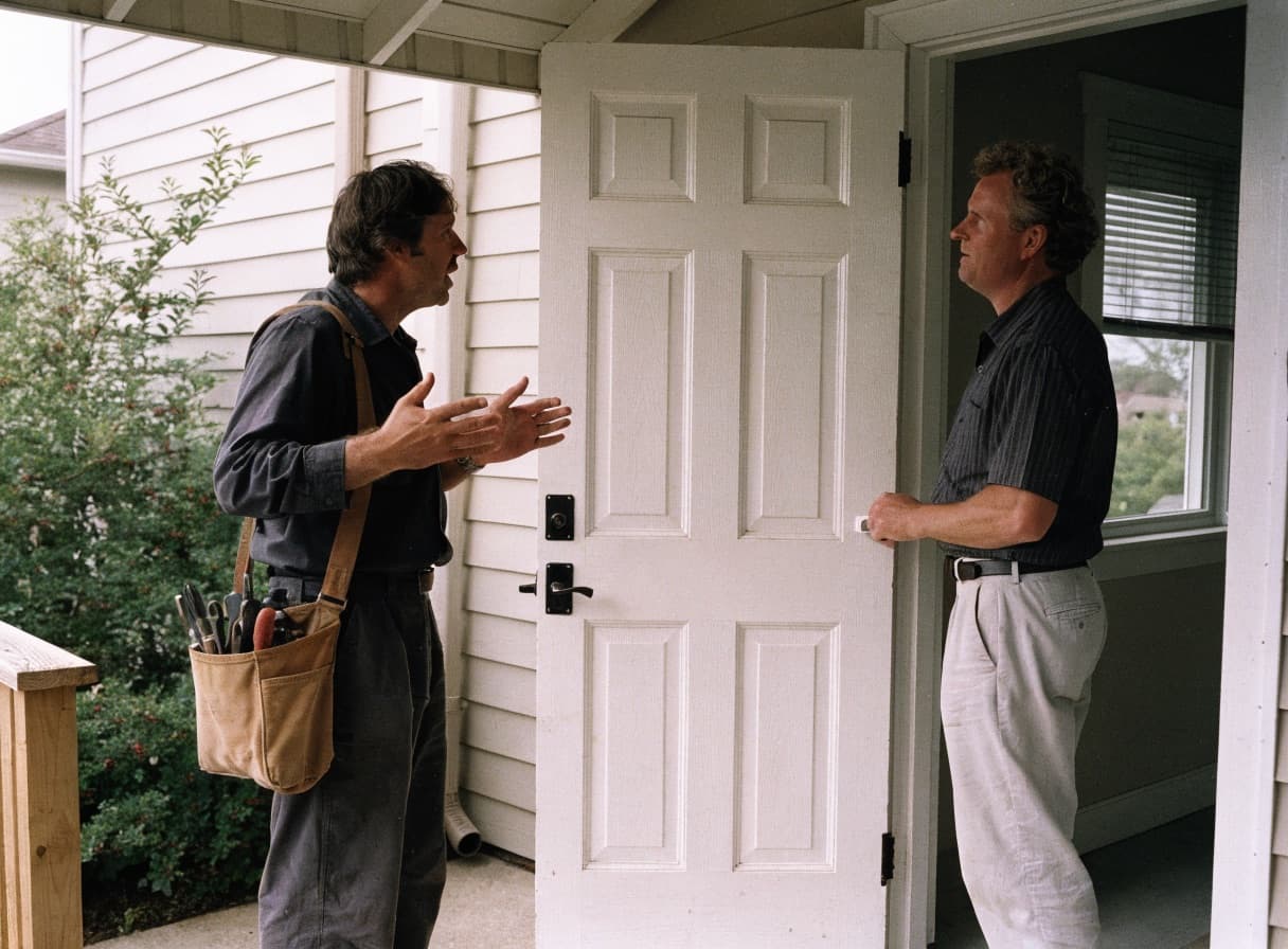 An electrician with a tool bag talking with a homeowner at their front door.