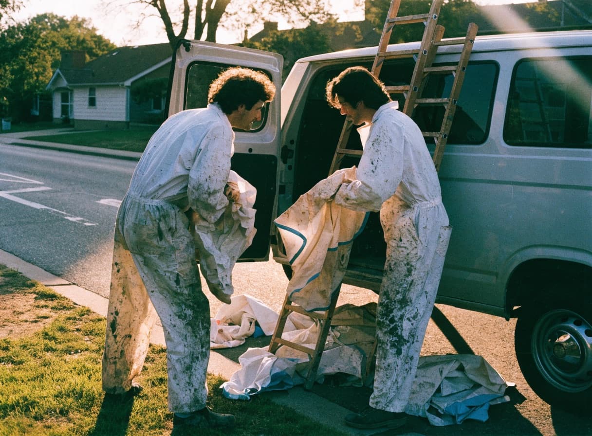 Two painters in spattered coveralls loading drop cloths and a ladder into a work van at the end of a job.