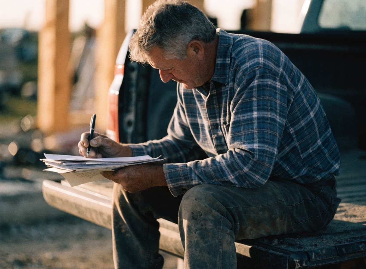 A contractor sitting on a pickup tailgate at golden hour, reviewing a stack of quote paperwork with a pen.