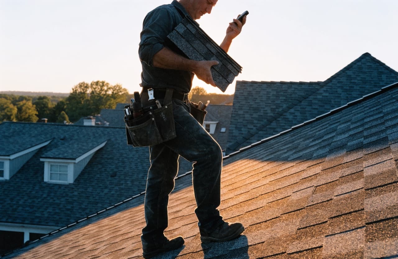 A roofer on a residential roof at sunset, shingles under one arm, looking down at a phone ringing in his hand.