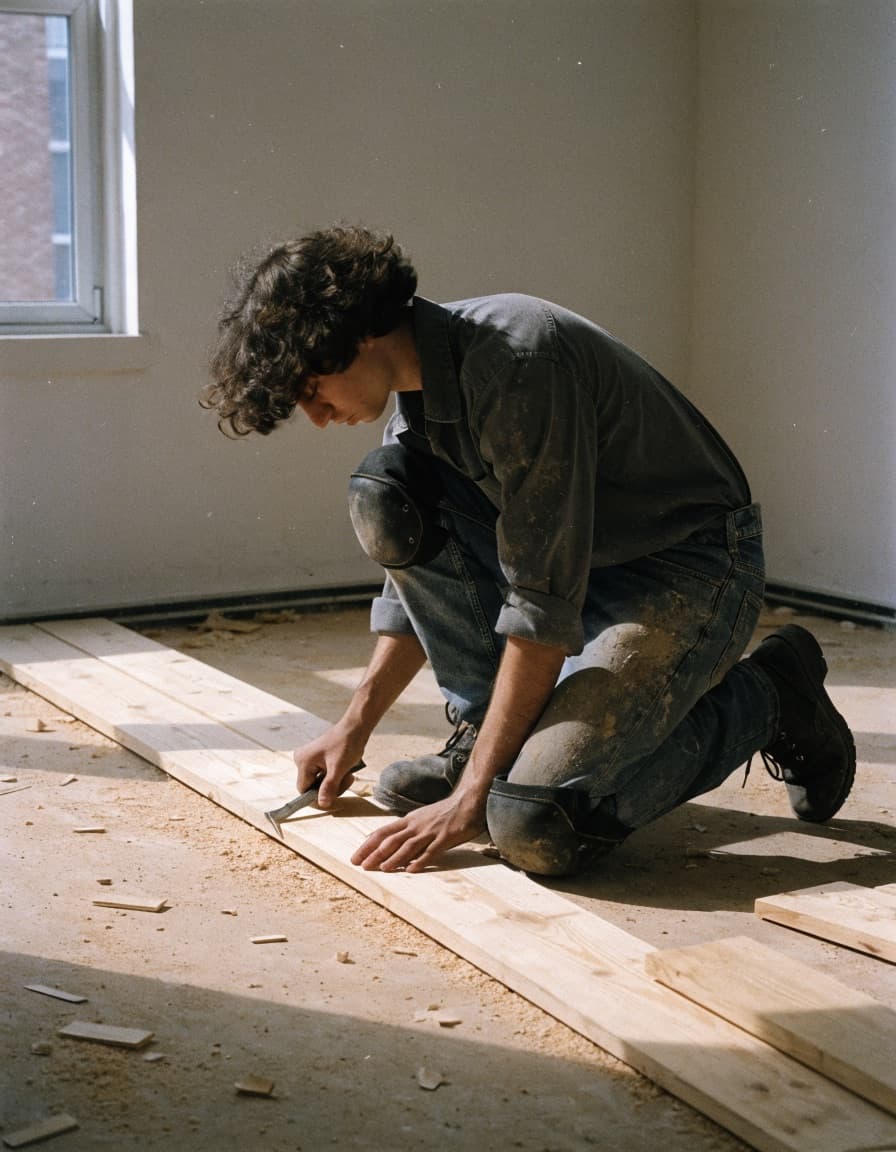 A flooring installer kneeling on a subfloor, laying planks in an empty room.