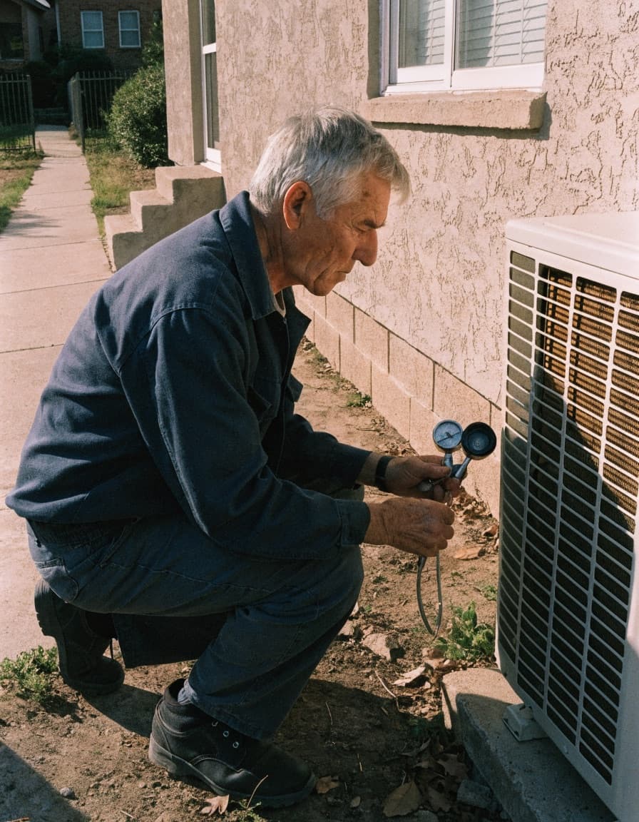 An HVAC technician kneeling beside an outdoor condenser unit at the side of a house.
