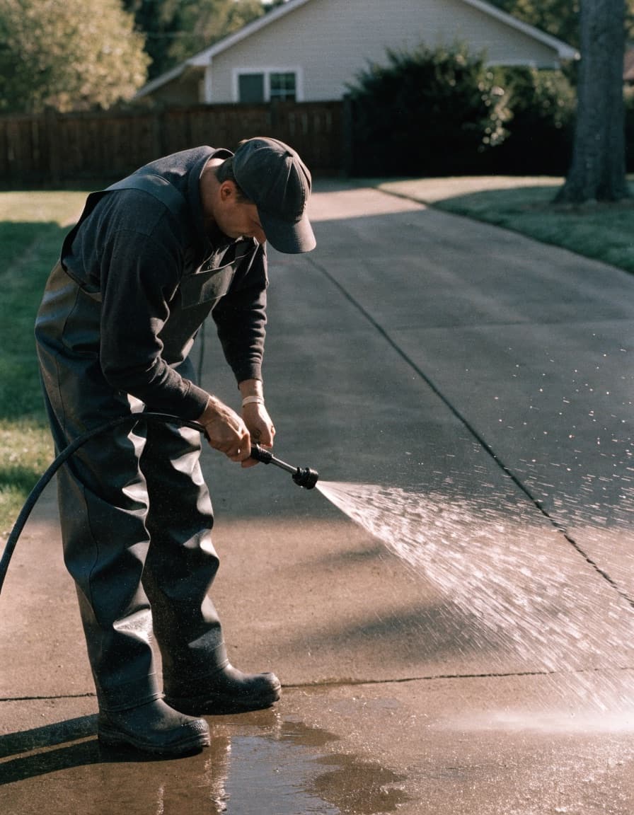 A contractor pressure washing a residential driveway in morning light.